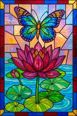 Finished example of the Color by Number page: Butterfly Above the Tulip