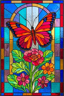 Finished example of the Color by Number page: Monarch in the Flower Garden