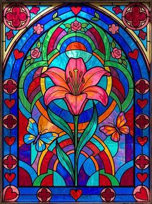 Finished example of the Color by Number page: Floral Stained Glass Garden