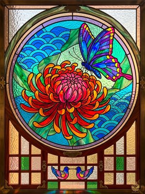Finished example of the Color by Number page: Butterfly in a Round Floral Window