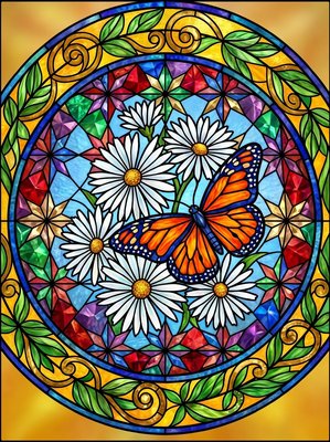 Finished example of the Color by Number page: Butterfly Mosaic Mandala
