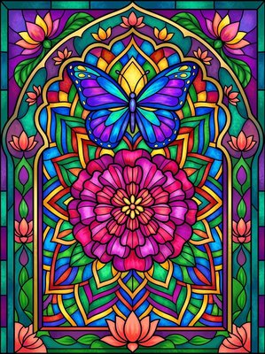 Finished example of the Color by Number page: Floral Mandala Stained Glass