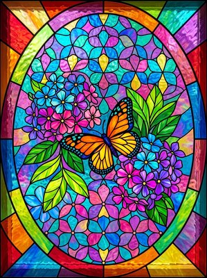 Finished example of the Color by Number page: Butterfly Garden Mosaic