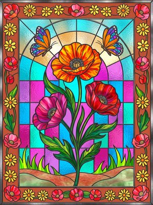 Finished example of the Color by Number page: Butterfly Tulip Window