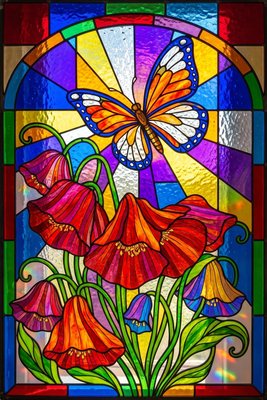Finished example of the Color by Number page: Butterfly Over Red Tulips