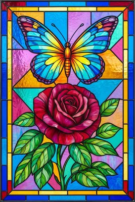 Finished example of the Color by Number page: Butterfly Resting on a Rose