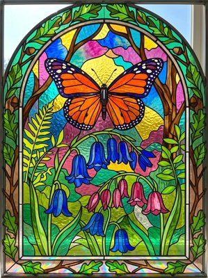 Finished example of the Color by Number page: Butterfly in an Arched Garden