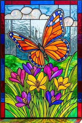 Finished example of the Color by Number page: Crocus Blooms Cloudy Skies