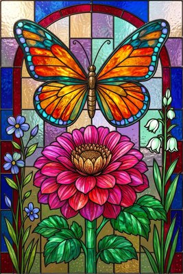 Finished example of the Color by Number page: Golden Butterfly Above Pink Bloom