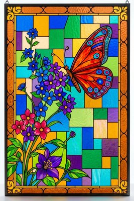 Finished example of the Color by Number page: Butterfly in a Colorful Mosaic