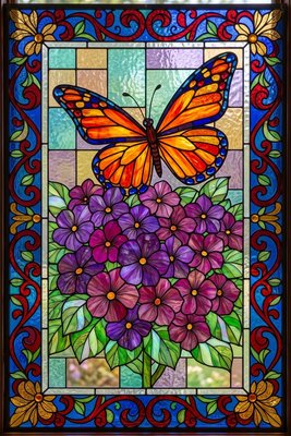 Finished example of the Color by Number page: Butterfly Purple Flower Window