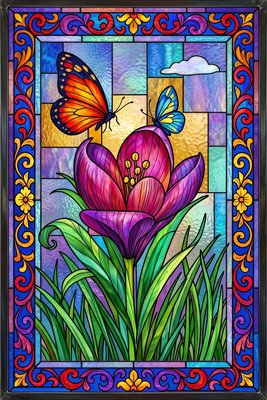 Finished example of the Color by Number page: Butterfly Purple Tulip