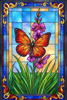 Finished example of the Color by Number page: Monarch Among Golden Flowers