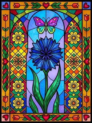 Finished example of the Color by Number page: Blue Butterfly Tall Iris