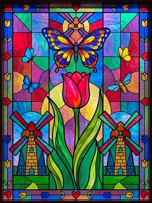 Finished example of the Color by Number page: Butterfly Among Garden Irises