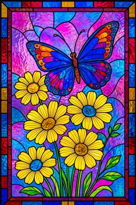 Finished example of the Color by Number page: Purple Butterfly Golden Daisies