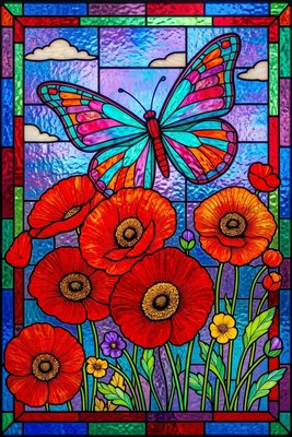 Finished example of the Color by Number page: Blue Butterfly Over Red Roses