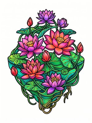 Finished example of the Color by Number page: Lotus Lilies