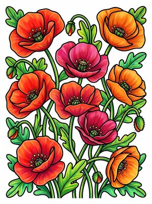 Finished example of the Color by Number page: Poppy Bloom