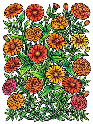 Finished example of the Color by Number page: Zinnia Mix