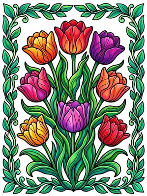 Finished example of the Color by Number page: Tulip Border