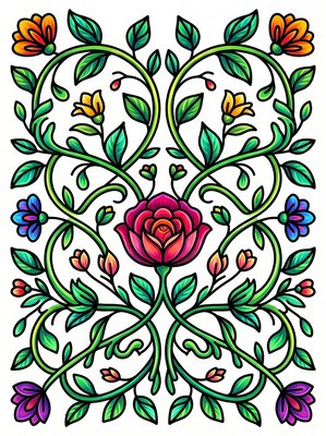 Finished example of the Color by Number page: Floral Symmetry