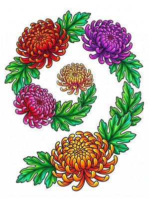 Finished example of the Color by Number page: Chrysanthemum Spiral
