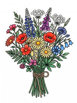 Finished example of the Color by Number page: Wild Bouquet
