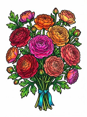 Finished example of the Color by Number page: Ranunculus Bouquet