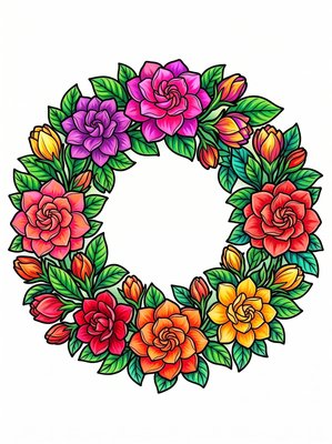 Finished example of the Color by Number page: Gardenia Wreath