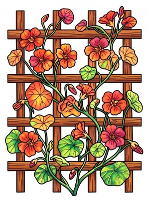 Finished example of the Color by Number page: Nasturtium Trellis