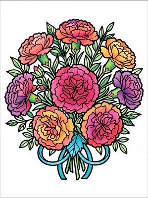 Finished example of the Color by Number page: Carnation Bouquet