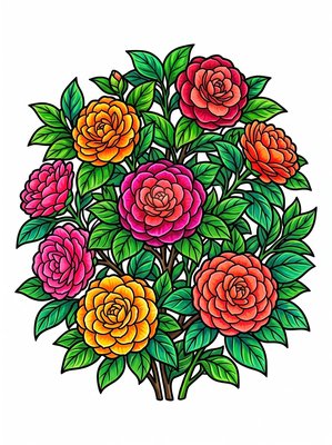 Finished example of the Color by Number page: Camellia Bush