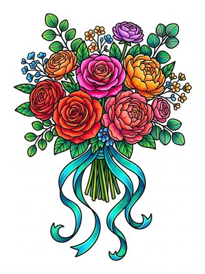 Finished example of the Color by Number page: Bridal Bouquet