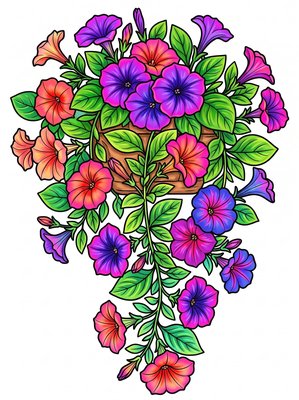 Finished example of the Color by Number page: Petunia Cascade