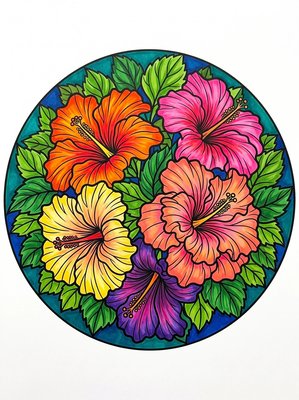 Finished example of the Color by Number page: Hibiscus Border