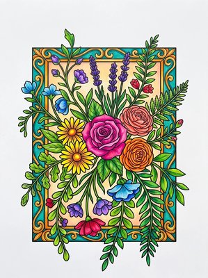 Finished example of the Color by Number page: Floral Hanging