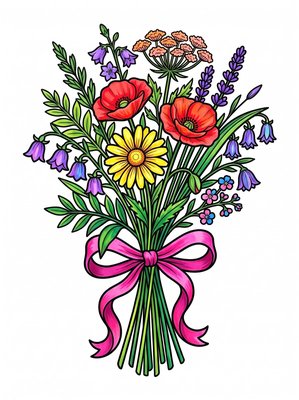 Finished example of the Color by Number page: Wildflowers Ribbon