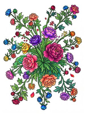 Finished example of the Color by Number page: Peony Burst