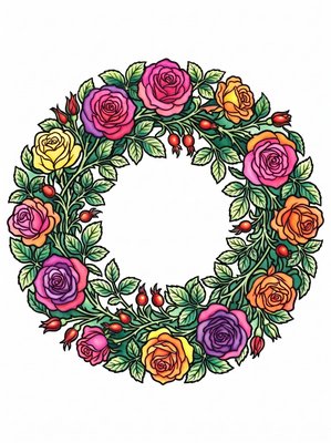 Finished example of the Color by Number page: Rose Wreath
