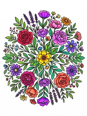 Finished example of the Color by Number page: Floral Circle
