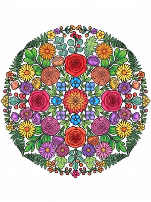 Finished example of the Color by Number page: Bouquet Circle
