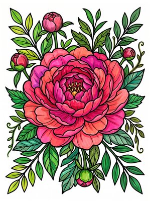 Finished example of the Color by Number page: Peony Layers