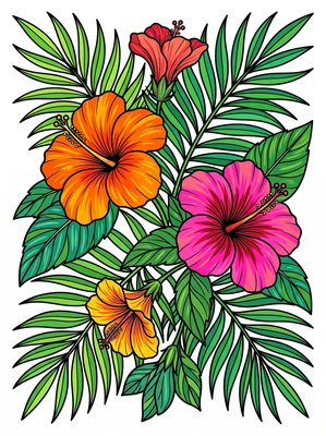 Finished example of the Color by Number page: Tropical Hibiscus