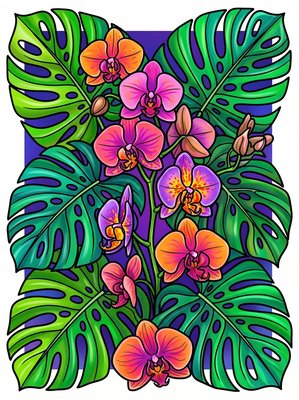 Finished example of the Color by Number page: Orchid Tropics
