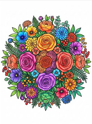 Finished example of the Color by Number page: Flat Bouquet