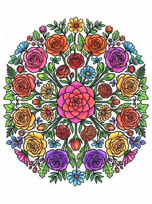 Finished example of the Color by Number page: Flower Circle