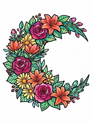 Finished example of the Color by Number page: Moon Flowers