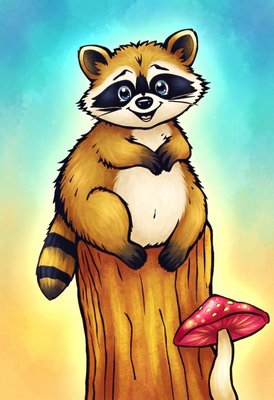 Finished example of the Color by Number page: Stump Raccoon