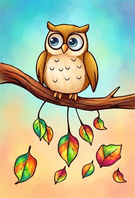Finished example of the Color by Number page: Autumn Owl